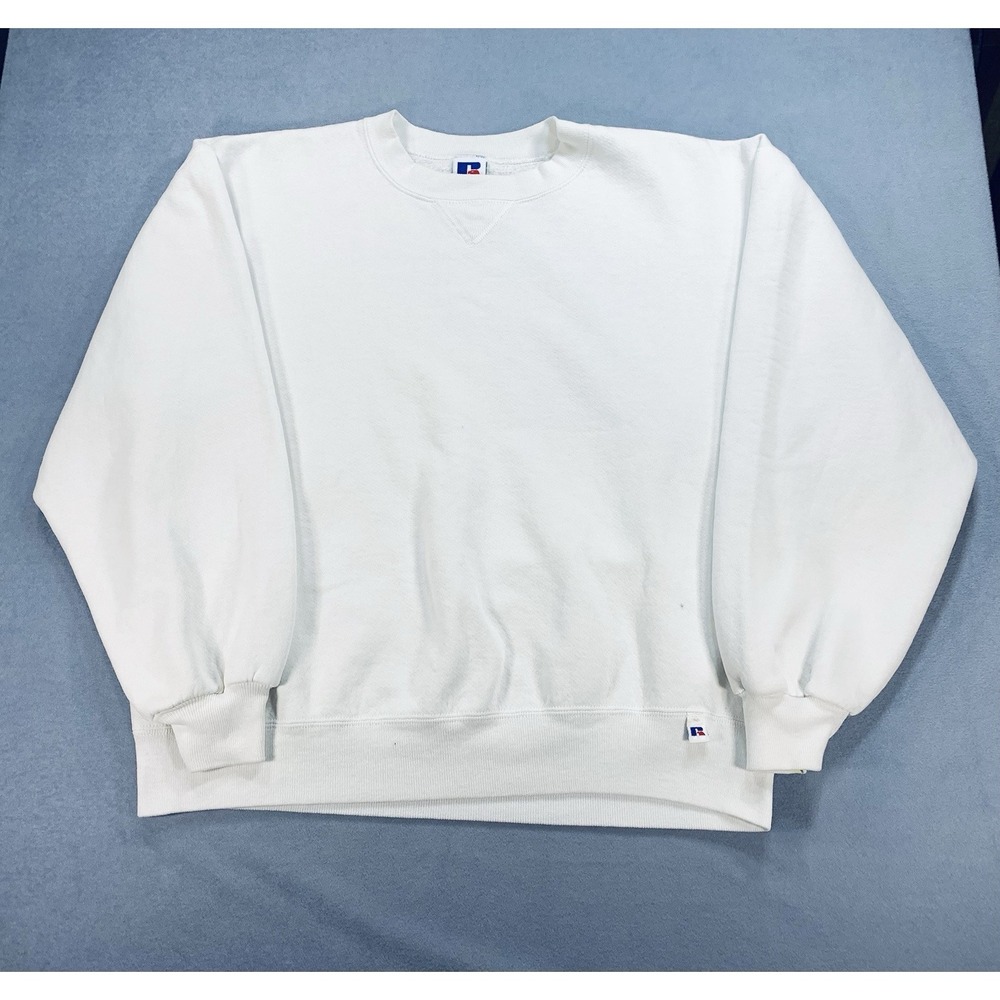 Vintage 90s Russell Athletic Sweatshirt Mens Large White Blank Crewneck USA Made